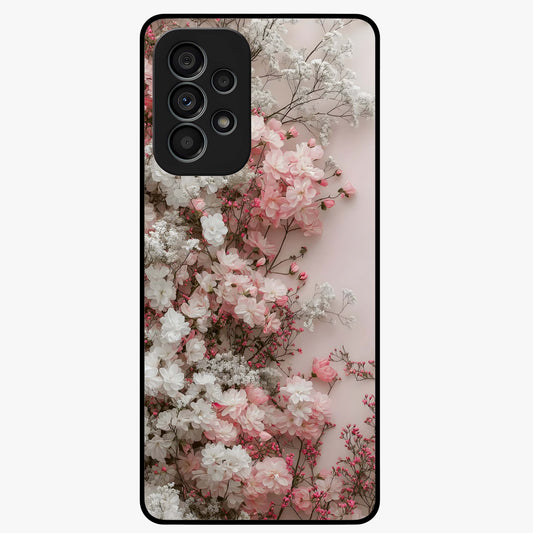 Blush Blossom Cloud Glass Case showing flat back view with dreamy blush cloud blossom artwork and glossy glass finish.
