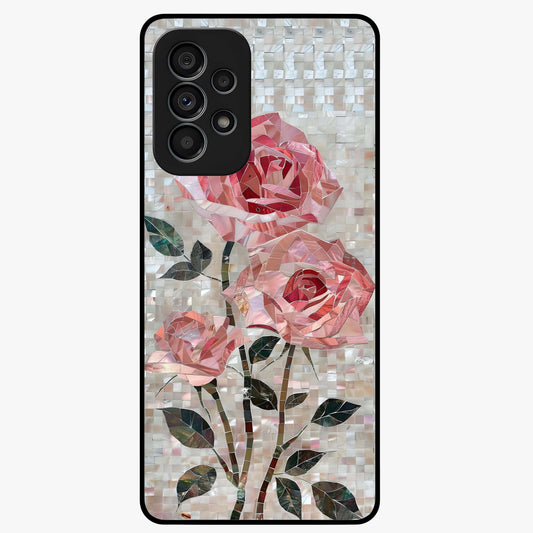 Blush Mosaic Bloom Glass Case showing flat back view with mosaic floral bloom artwork and glossy glass finish.