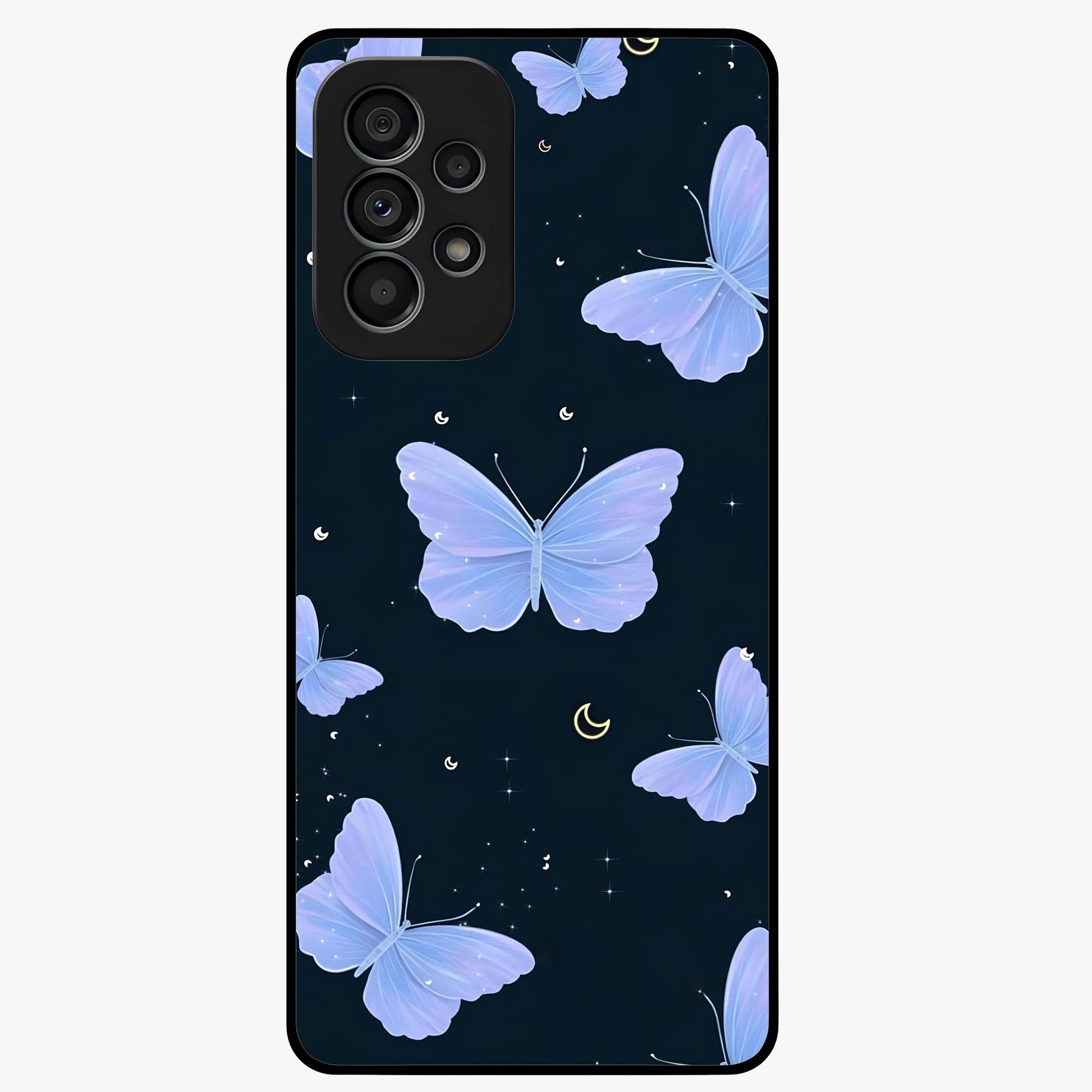 Butterfly With Stars Pattern Glass Case showing flat back view with butterfly and star pattern artwork and glossy glass finish.