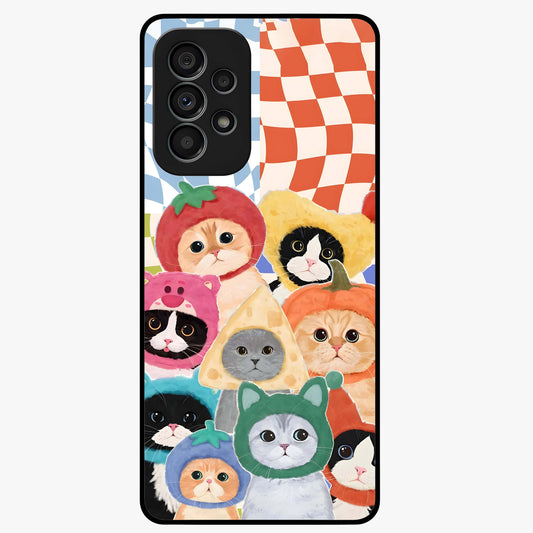 Cats in Fruits Glass Case showing flat back view with playful cat illustrations inside fruit artwork and glossy glass finish.