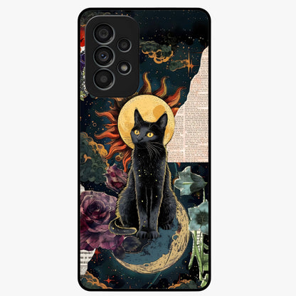 Celestial Black Cat Glass Case showing flat back view with mystical black cat artwork and glossy glass finish.