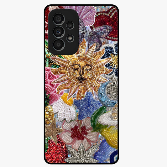 Celestial Floral and Playful Glass Case showing flat back view with floral and celestial themed artwork and glossy glass finish.