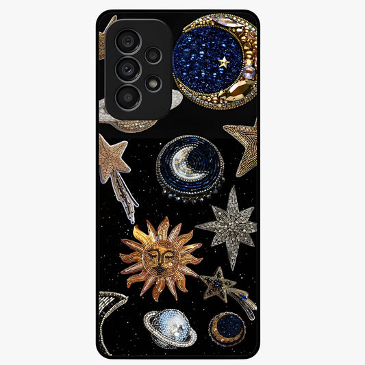 Celestial Gem Constellations Glass Case showing flat back view with sparkling constellation artwork and glossy glass finish.