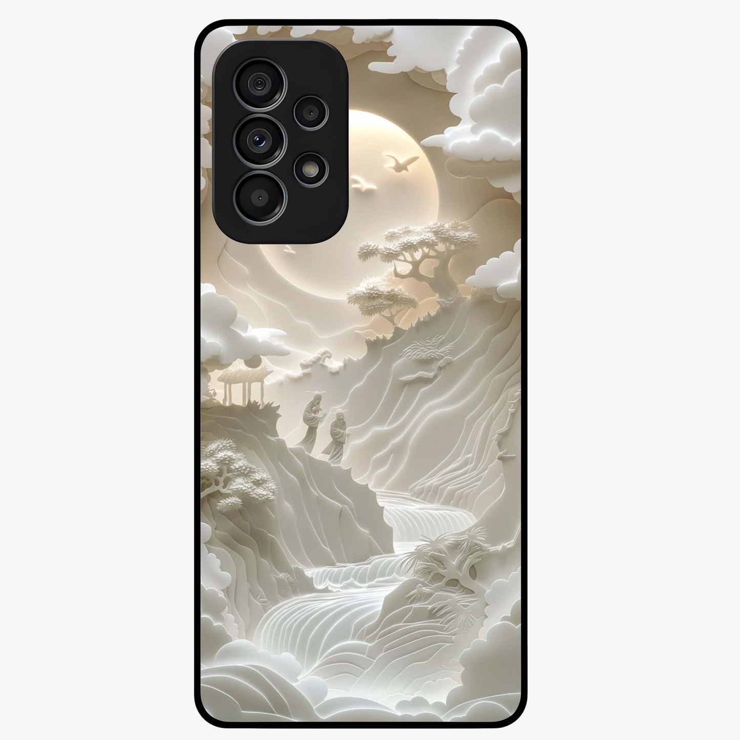 Celestial Origami Glass Case showing flat back view with artistic origami inspired celestial artwork and glossy glass finish.