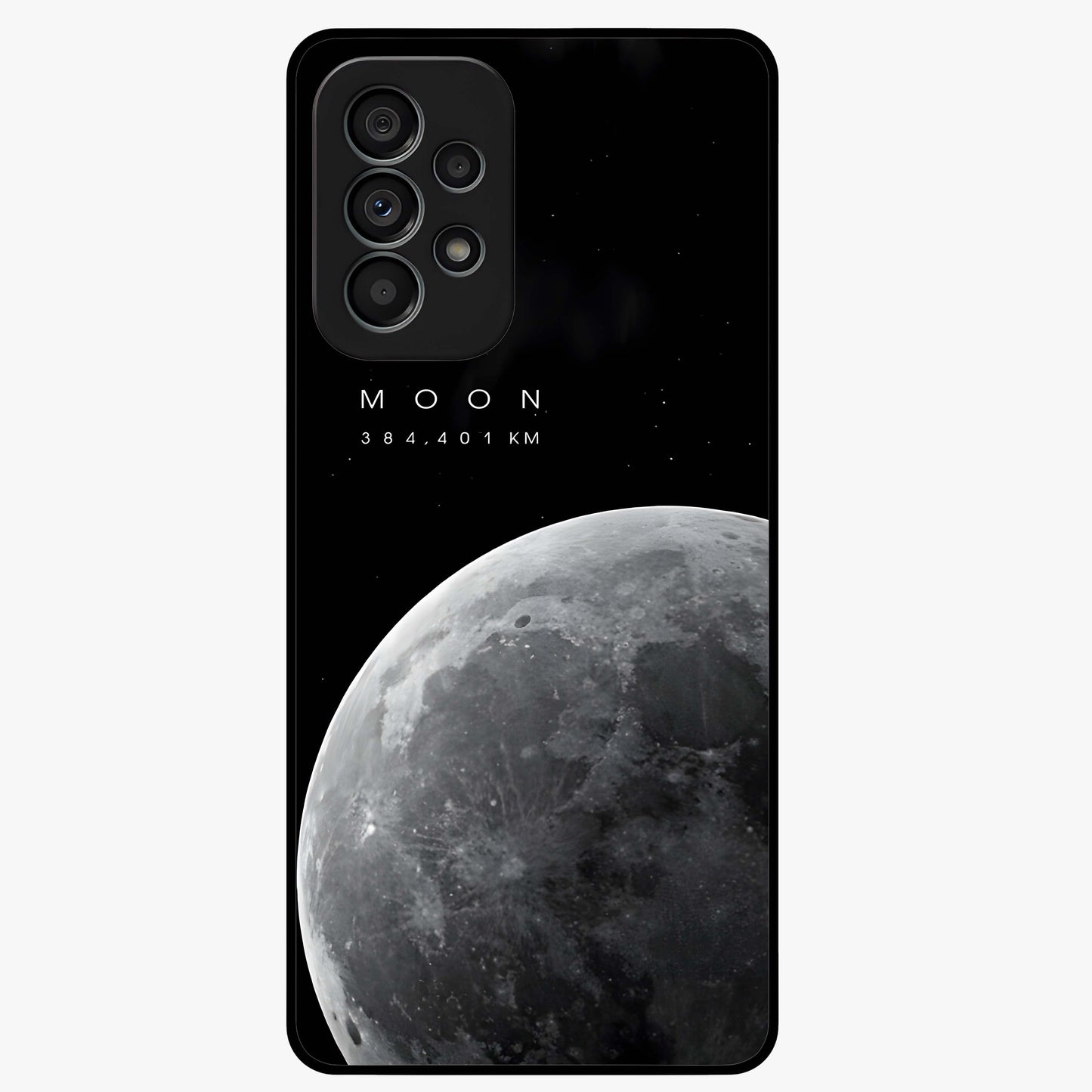 Cosmic Moon Glow Glass Case showing flat back view with glowing moon artwork and glossy glass finish.