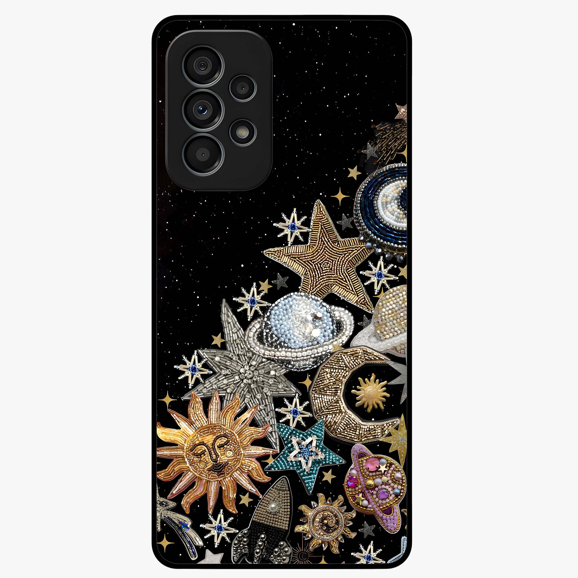 Cosmic Sparkle Dreams Glass Case showing flat back view with sparkling cosmic artwork and glossy glass finish.