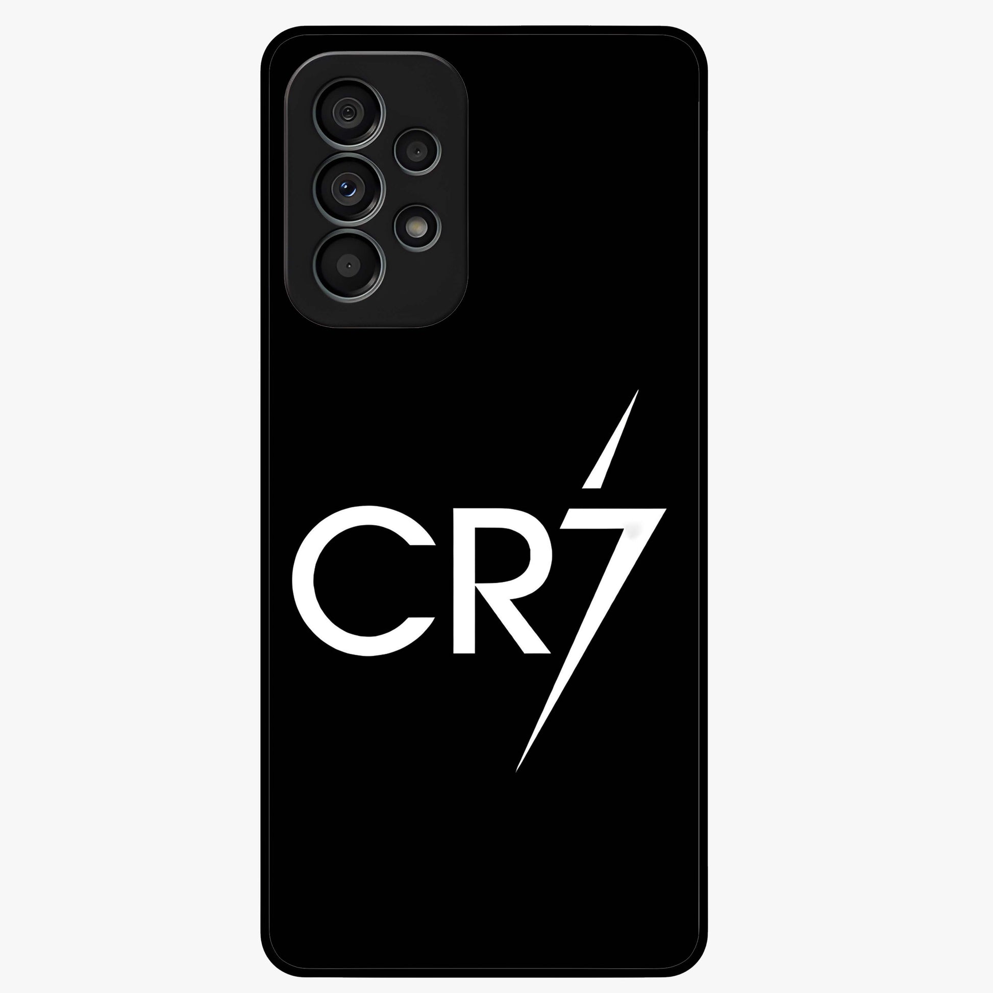 Cr7 Elite Strike Glass Case showing flat back view with dynamic football inspired artwork and glossy glass finish.