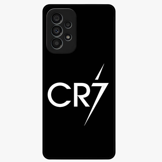 Cr7 Elite Strike Glass Case showing flat back view with dynamic football inspired artwork and glossy glass finish.