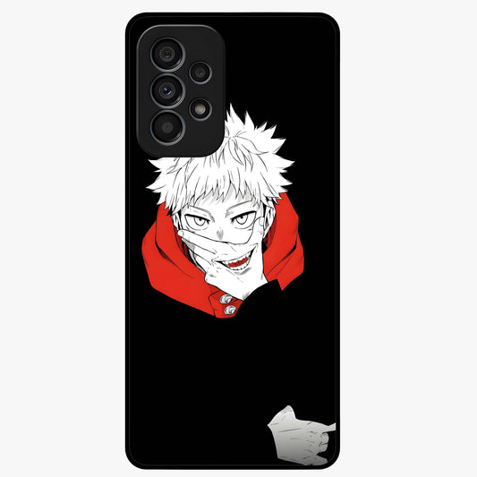Crimson Chaos Smile Glass Case showing flat back view with bold chaotic smile artwork and glossy glass finish.