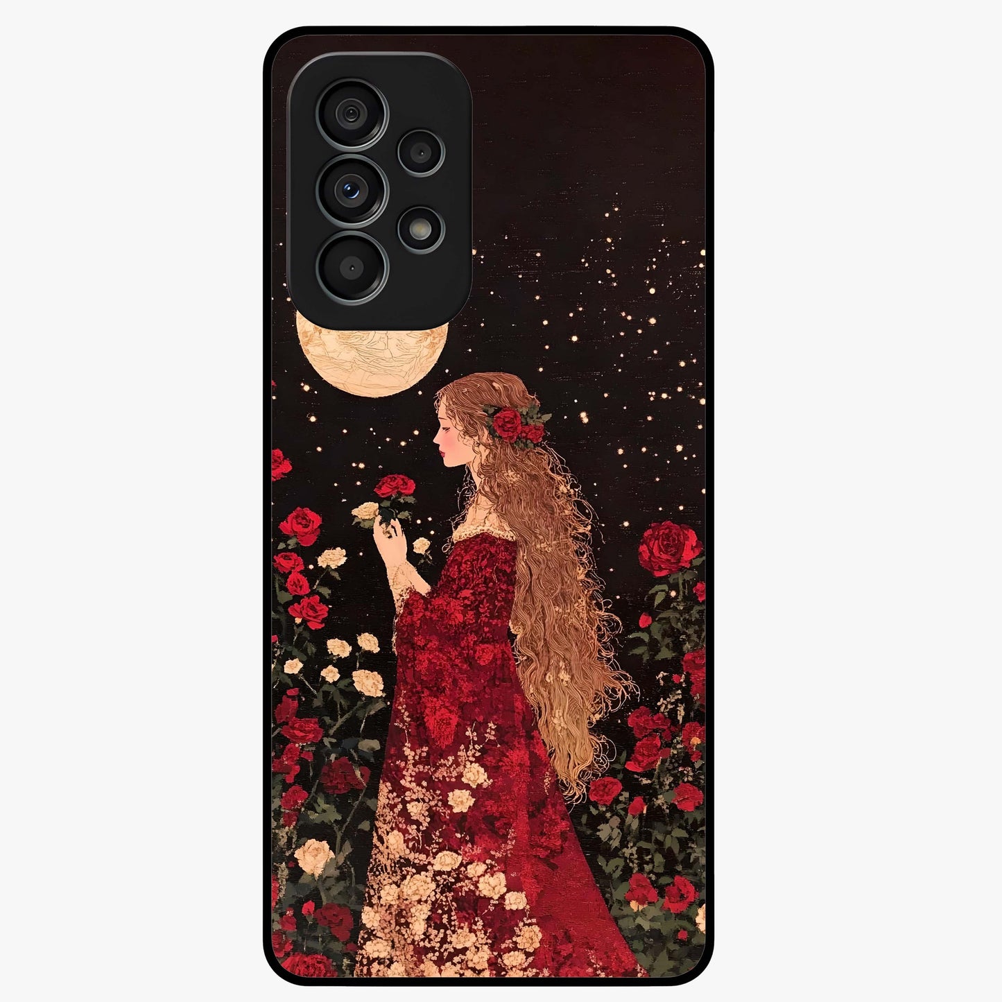 Crimson Dreams Glass Case showing flat back view with dreamy crimson artwork and glossy glass finish.