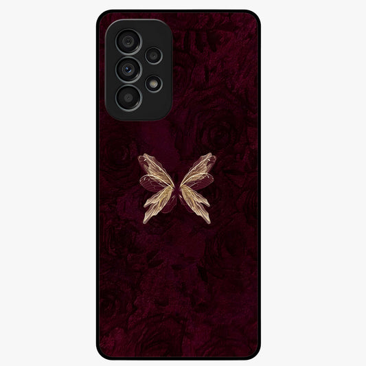 Crimson Fade Butterfly Glass Case showing flat back view with fading butterfly artwork and glossy glass finish.