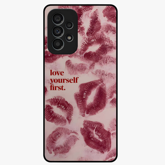 Crimson Kiss Love Glass Case showing flat back view with romantic crimson themed artwork and glossy glass finish.