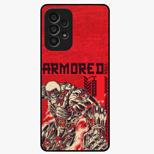 Crimson Mecha Titan Glass Case showing flat back view with powerful mech titan artwork and glossy glass finish.