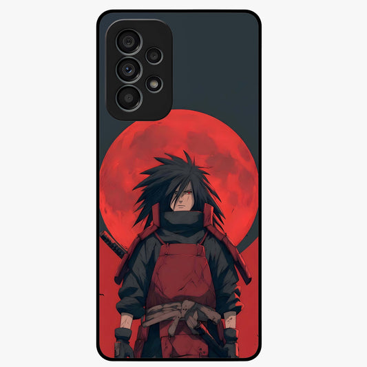 Crimson Moon Warlord Glass Case showing flat back view with mystical moon warrior artwork and glossy glass finish.