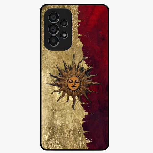 Crimson Sun Majesty Glass Case showing flat back view with radiant sun inspired artwork and glossy glass finish.