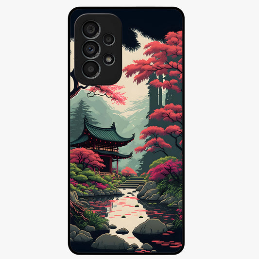 Crimson Temple View Glass Case showing flat back view with temple inspired artwork and glossy glass finish.