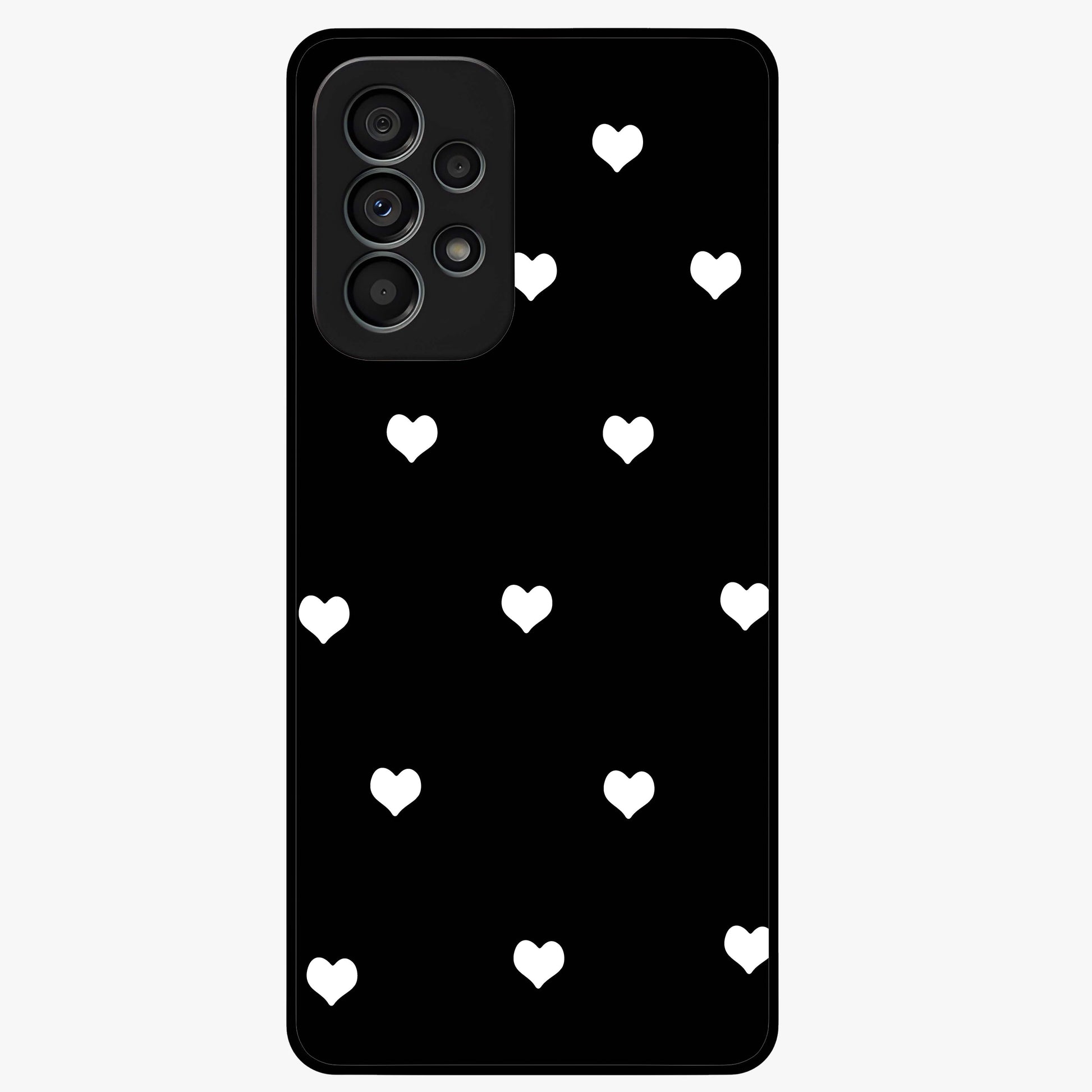 Cute And Simple White Hearts Glass Case showing flat back view with minimal white heart pattern and glossy glass finish.