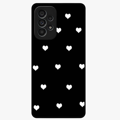 Cute And Simple White Hearts Glass Case showing flat back view with minimal white heart pattern and glossy glass finish.