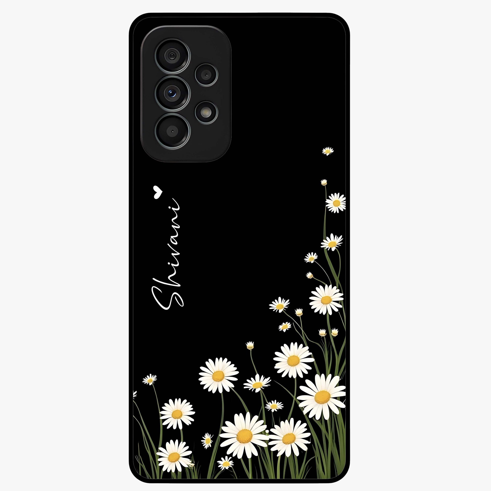 Daisy Cascade Custom Name Glass Case showing flat back view with cascading daisy flowers and personalized name design.