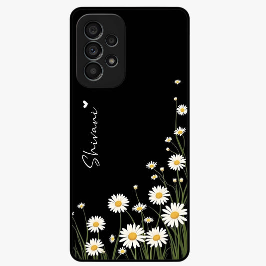 Daisy Cascade Custom Name Glass Case showing flat back view with cascading daisy flowers and personalized name design.