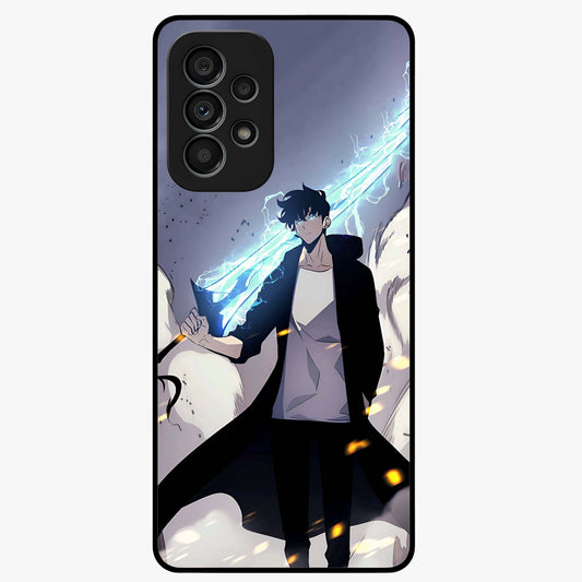 Dark Lightning Anime Warrior Glass Case showing flat back view with intense anime warrior artwork and glossy glass finish.