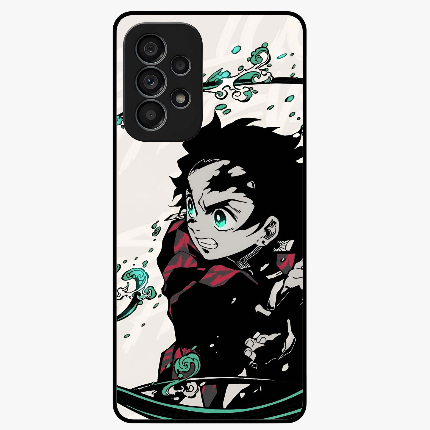 Demon Slayer Glass Case showing flat back view with bold anime inspired artwork and glossy glass finish.