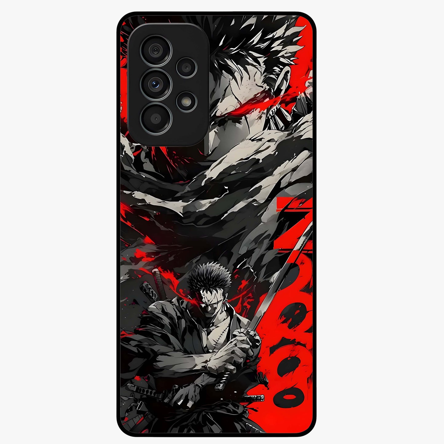 Demon Sword Resolve Glass Case showing flat back view with fierce sword warrior artwork and glossy glass finish.