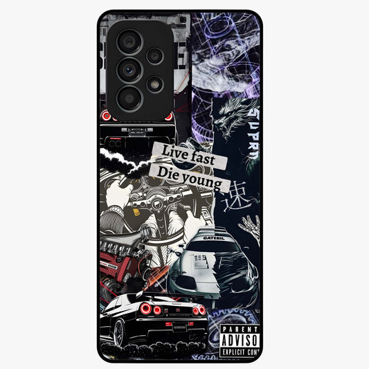 Die Young Glass Case showing flat back view with bold artistic typography design and glossy glass finish.