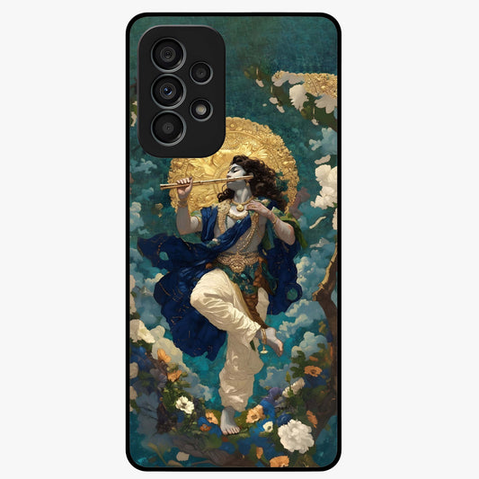 Divine Krishna Art Glass Case showing flat back view with Lord Krishna artwork and glossy glass finish.