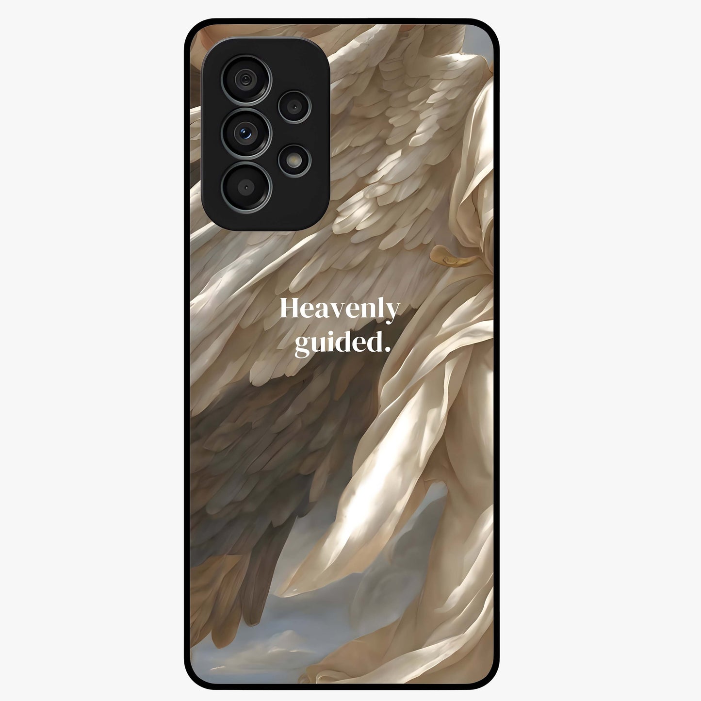 Divine Winged Grace Glass Case showing flat back view with elegant wing inspired artwork and glossy glass finish.