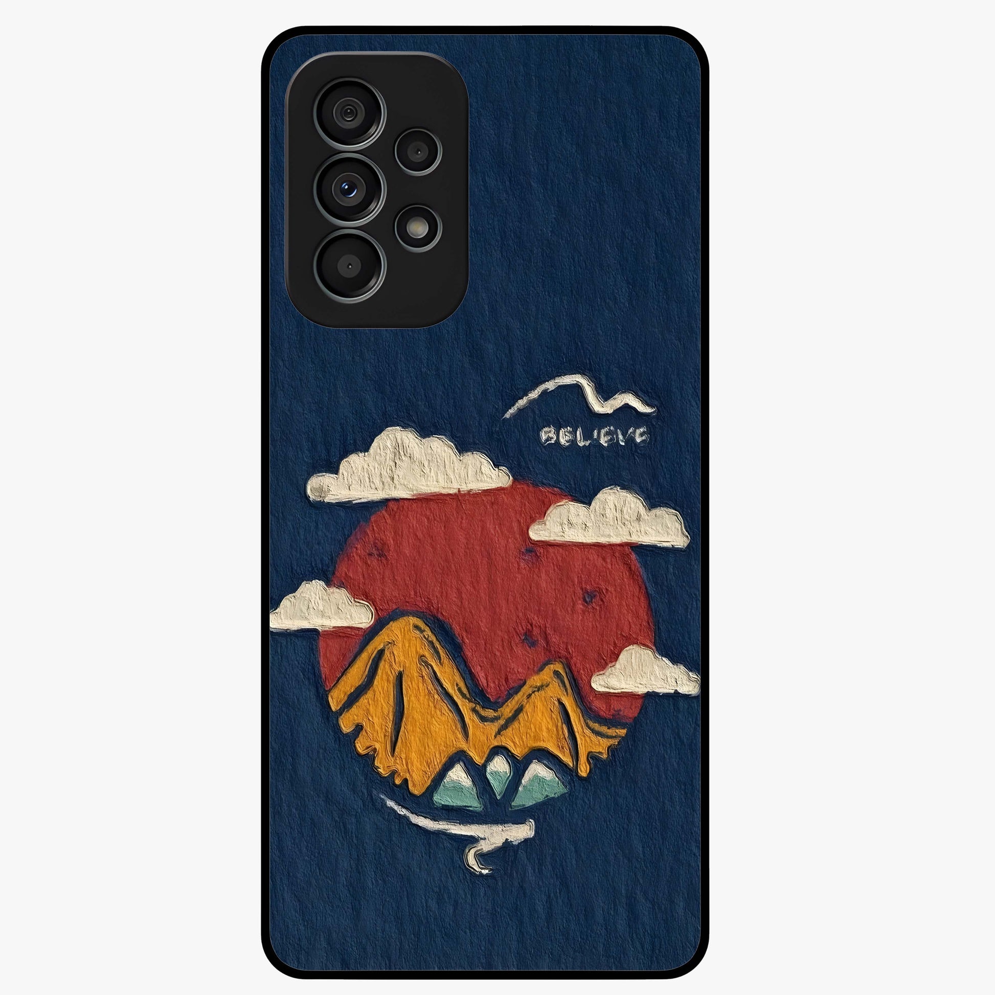 Dream Beyond Mountains Glass Case showing flat back view with scenic mountain landscape artwork and glossy glass finish.