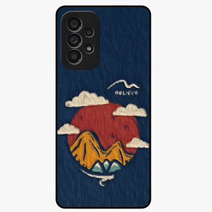 Dream Beyond Mountains Glass Case showing flat back view with scenic mountain landscape artwork and glossy glass finish.