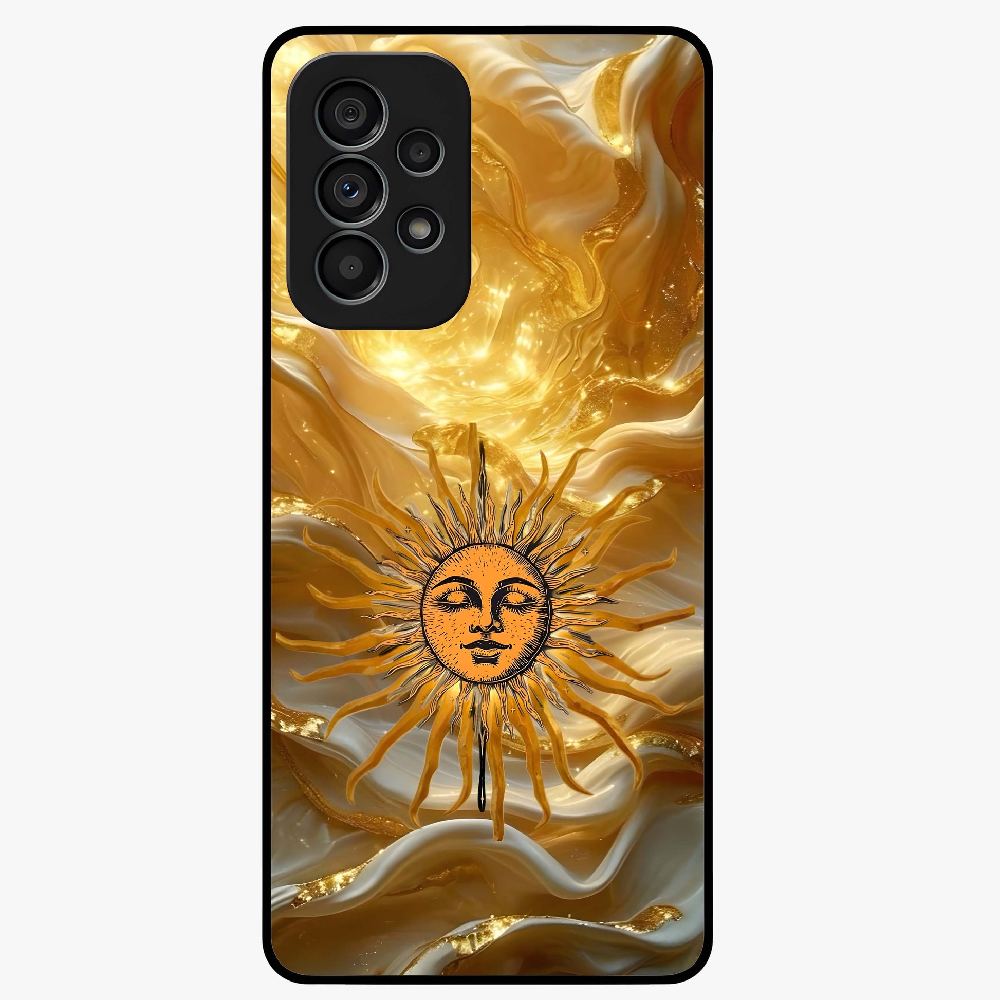 Eternal Golden Glow Glass Case showing flat back view with radiant golden themed artwork and glossy glass finish.