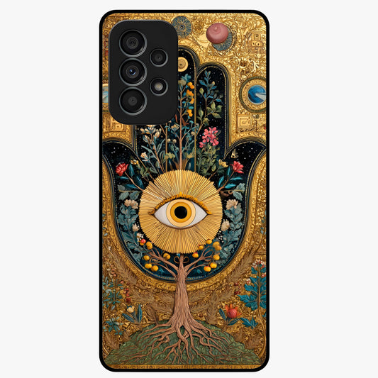 Ethereal Evil Eye Glass Case showing flat back view with mystical evil eye artwork and glossy glass finish.