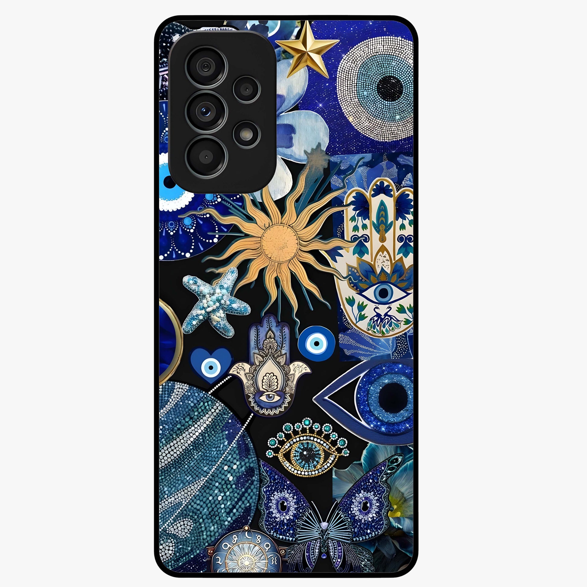Evil Eye Charm Mix Glass Case showing flat back view with multiple evil eye charms artwork and glossy glass finish.