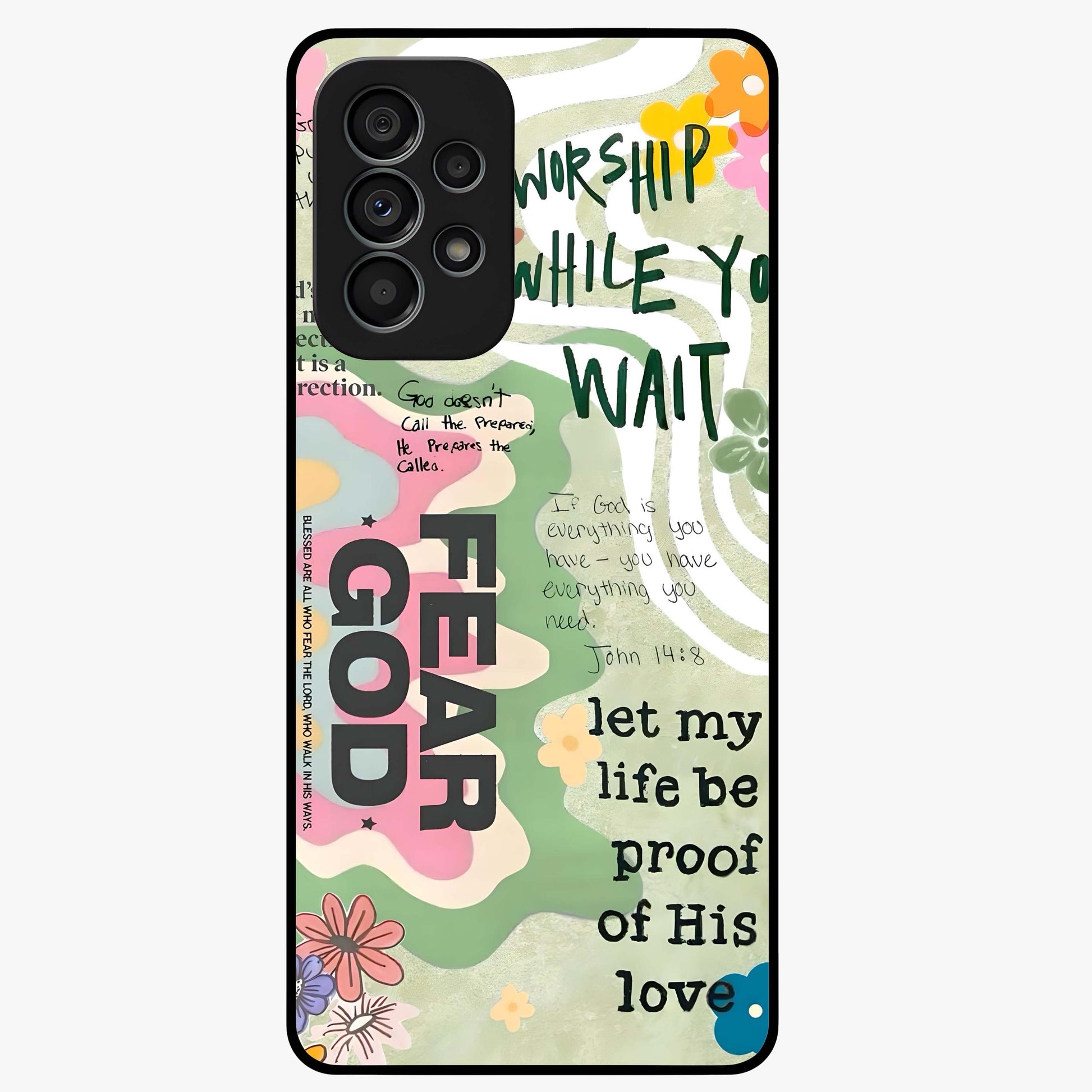 Faith Over Fear Glass Case showing flat back view with motivational typography artwork and glossy glass finish.