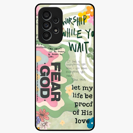 Faith Over Fear Glass Case showing flat back view with motivational typography artwork and glossy glass finish.