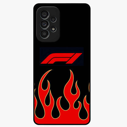 Fire F11 Glass Case showing flat back view with fiery themed artwork and glossy glass finish.