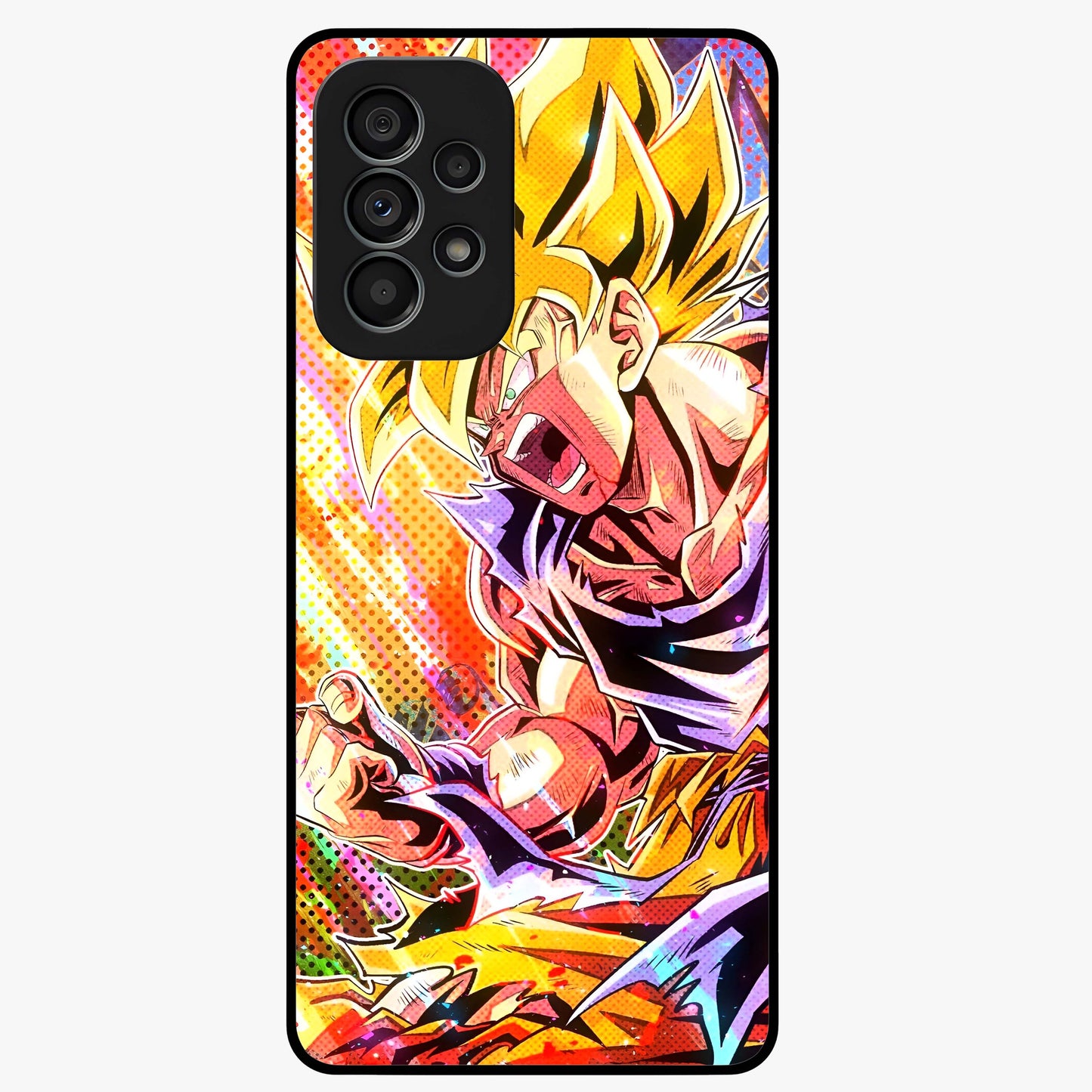 Firing Goku Glass Case showing flat back view with powerful anime inspired artwork and glossy glass finish.