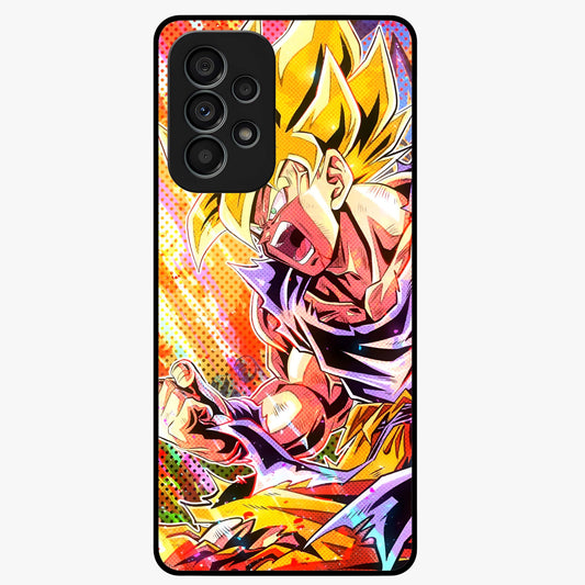 Firing Goku Glass Case showing flat back view with powerful anime inspired artwork and glossy glass finish.