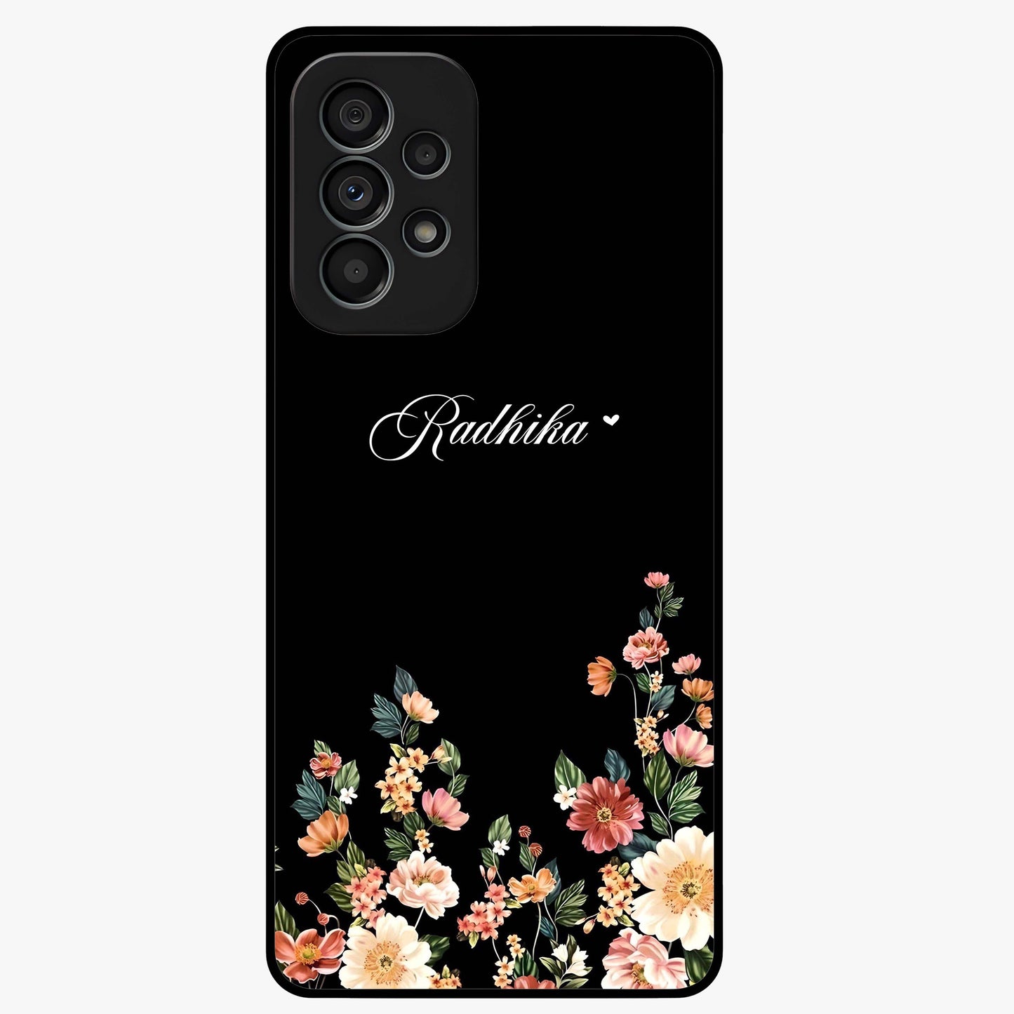 Floral Design With a Custom Personalized Name Glass Case showing flat back view with floral artwork and personalized name design.