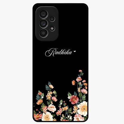 Floral Design With a Custom Personalized Name Glass Case showing flat back view with floral artwork and personalized name design.