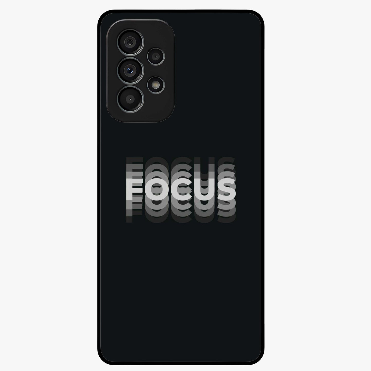 Focus Mode On Glass Case showing flat back view with bold motivational typography design and glossy glass finish.