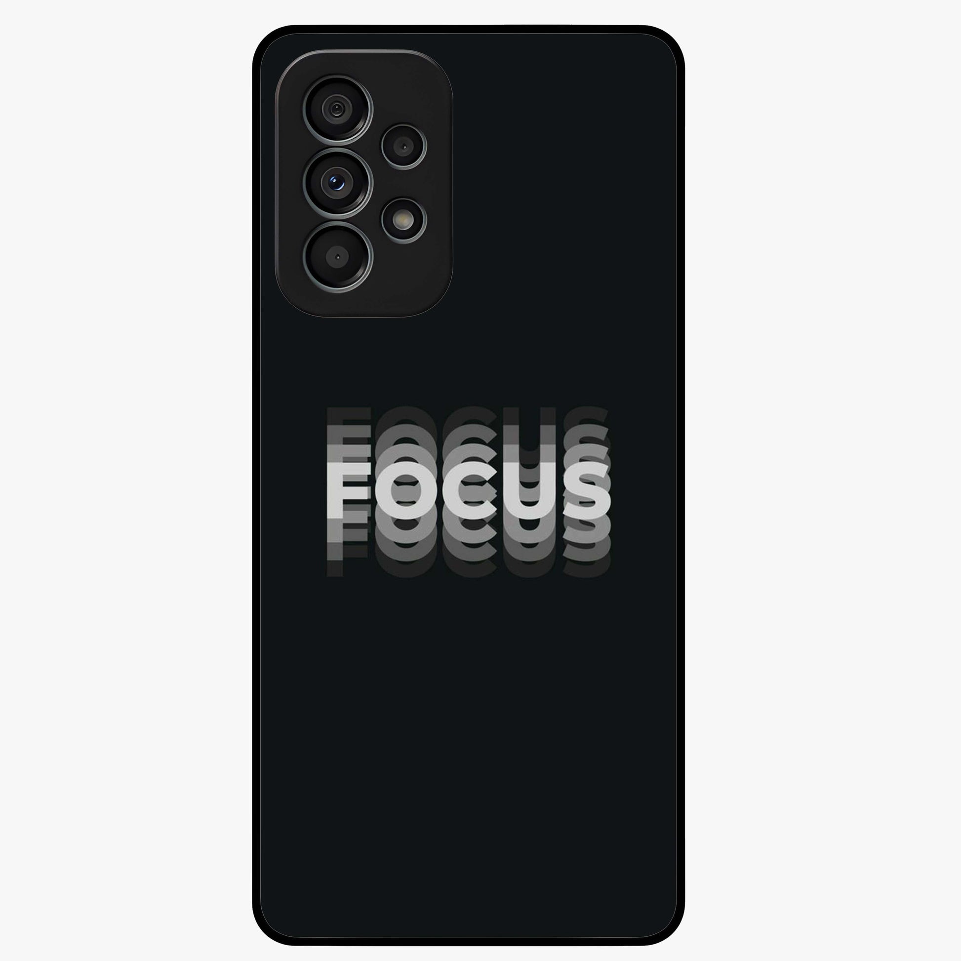 Focus Mode On Glass Case showing flat back view with bold motivational typography design and glossy glass finish.