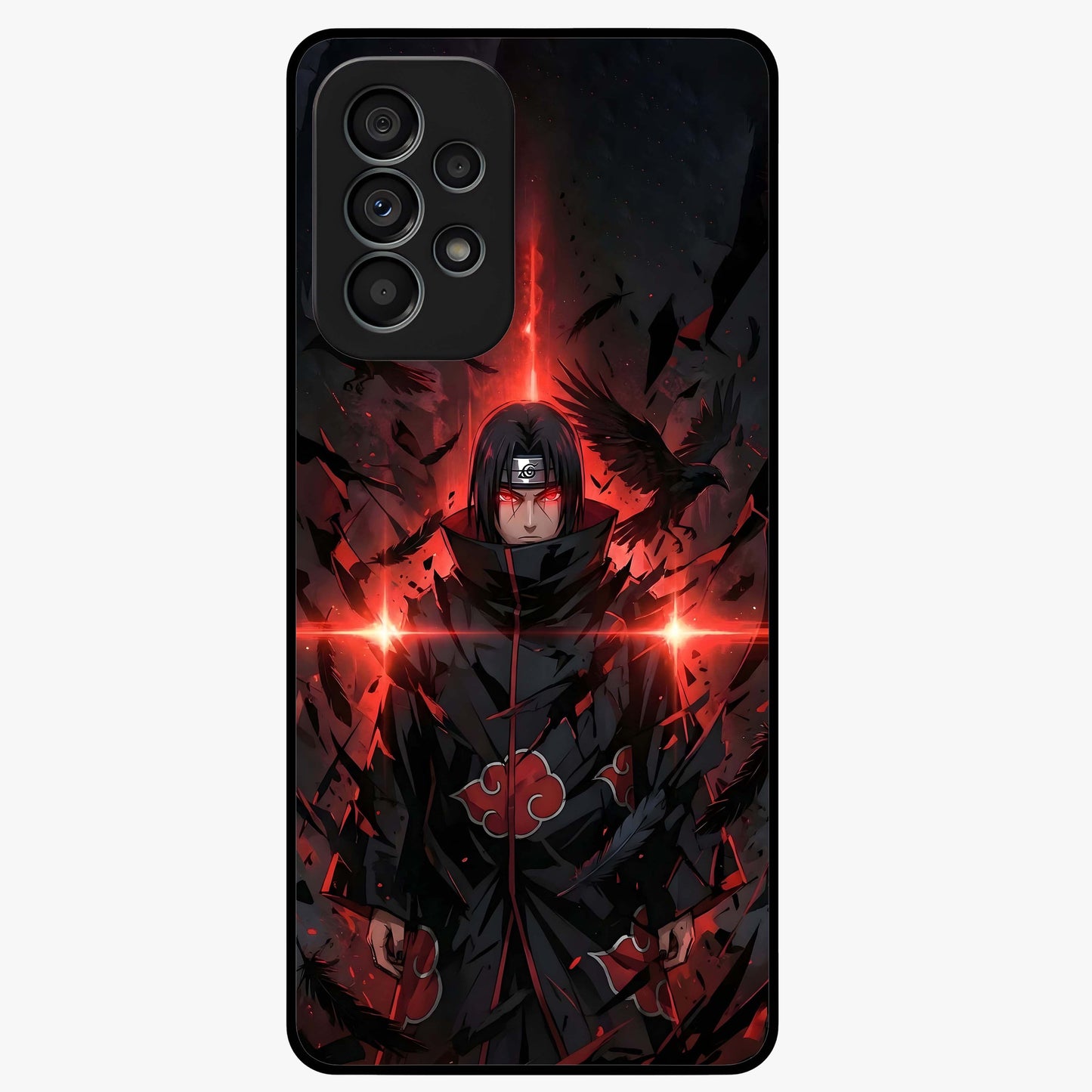 Focused Blade Discipline Glass Case showing flat back view with warrior sword themed artwork and glossy glass finish.