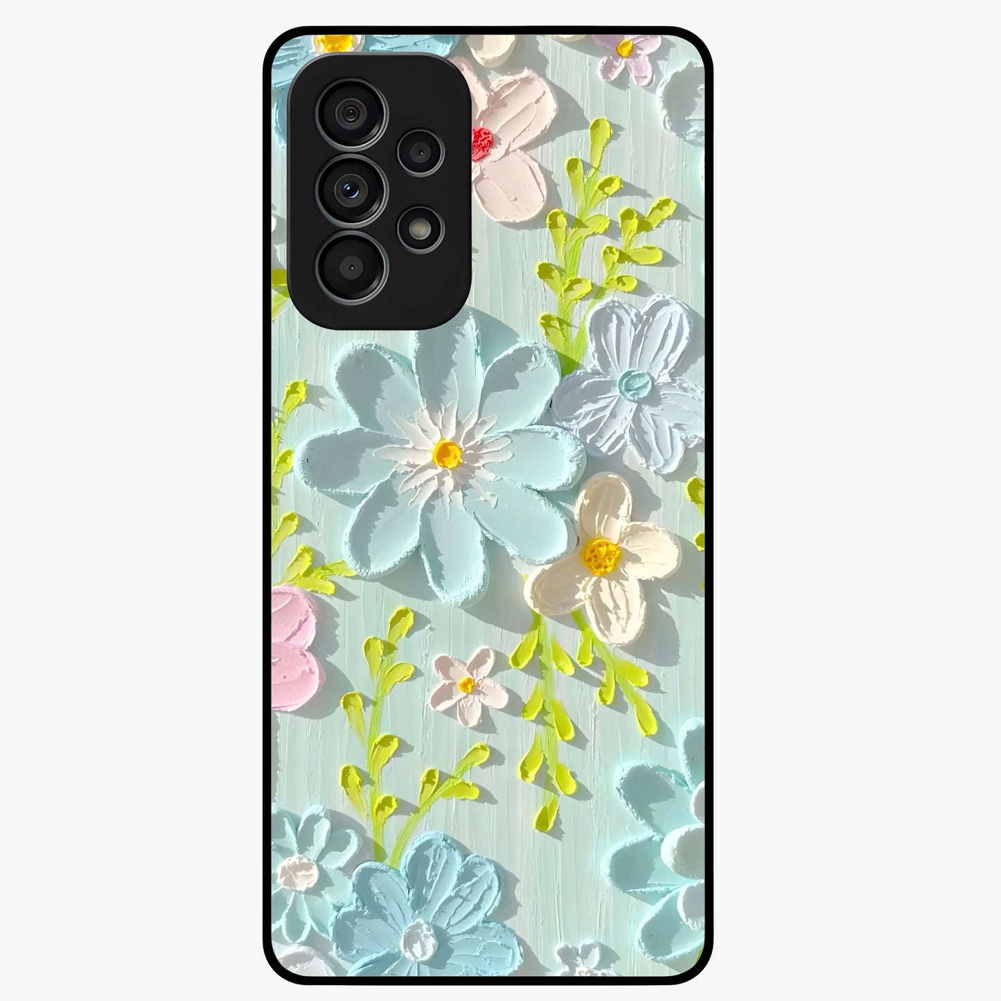 Frosted Petal Garden Glass Case showing flat back view with soft frosted floral artwork and glossy glass finish.