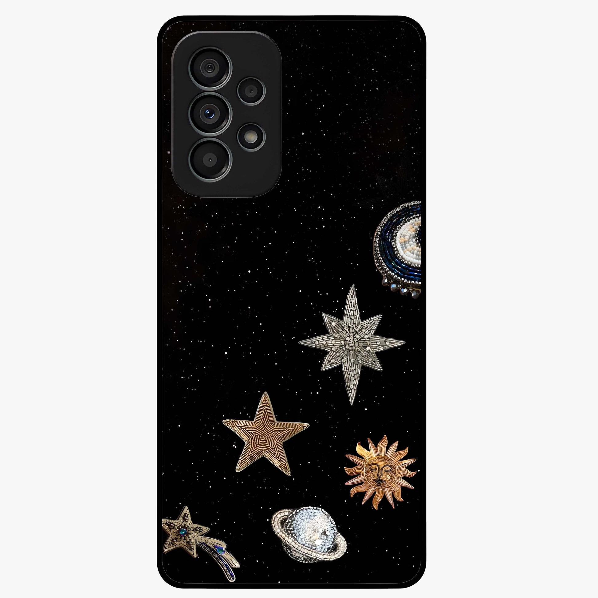 Galactic Charm Glow Glass Case showing flat back view with glowing celestial charm artwork and glossy glass finish.