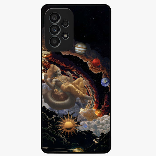 Galactic Divine God Glass Case showing flat back view with divine cosmic themed artwork and glossy glass finish.