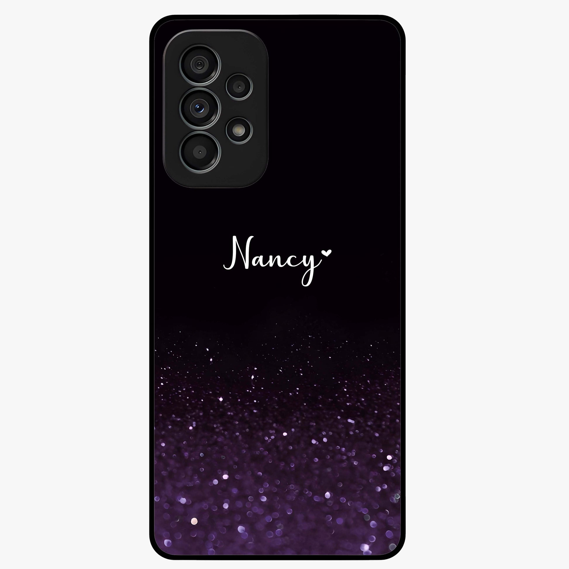 Glittery Purple Bokeh Custom Name Glass Case showing flat back view with purple bokeh sparkle artwork and personalized name design.