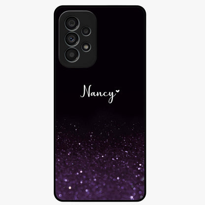 Glittery Purple Bokeh Custom Name Glass Case showing flat back view with purple bokeh sparkle artwork and personalized name design.